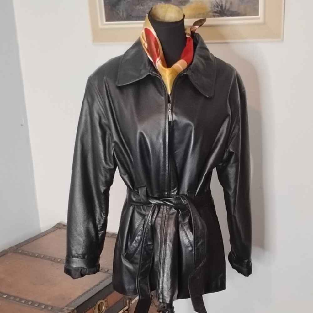 Black Leather Belted Jacket